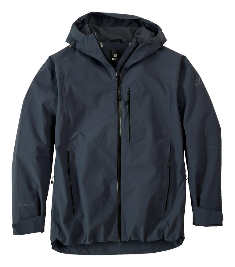 Schwarze Hardshell-Jacke geöffnet, sichtbar mit Taschen.