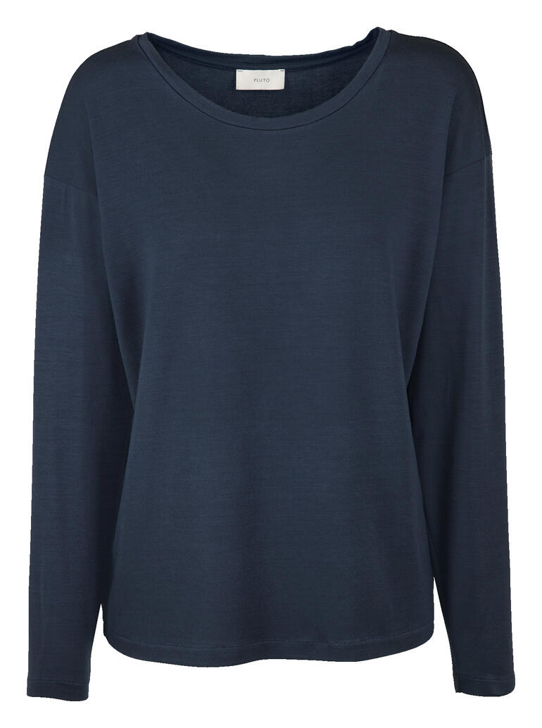 Blauer MicroModal-Pyjama-Oberteil mit langen Ärmeln und rundem Halsausschnitt.