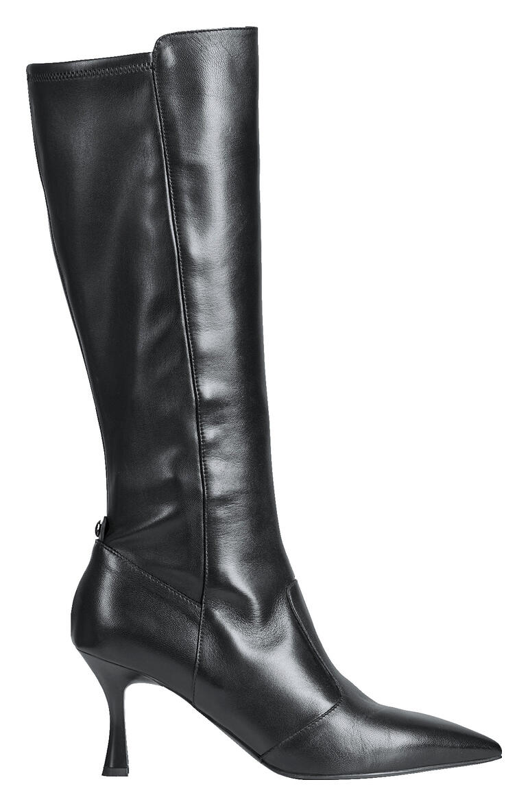 Schwarze Stretchlederstiefel mit spitzem Schuh und mittelhohem Absatz.