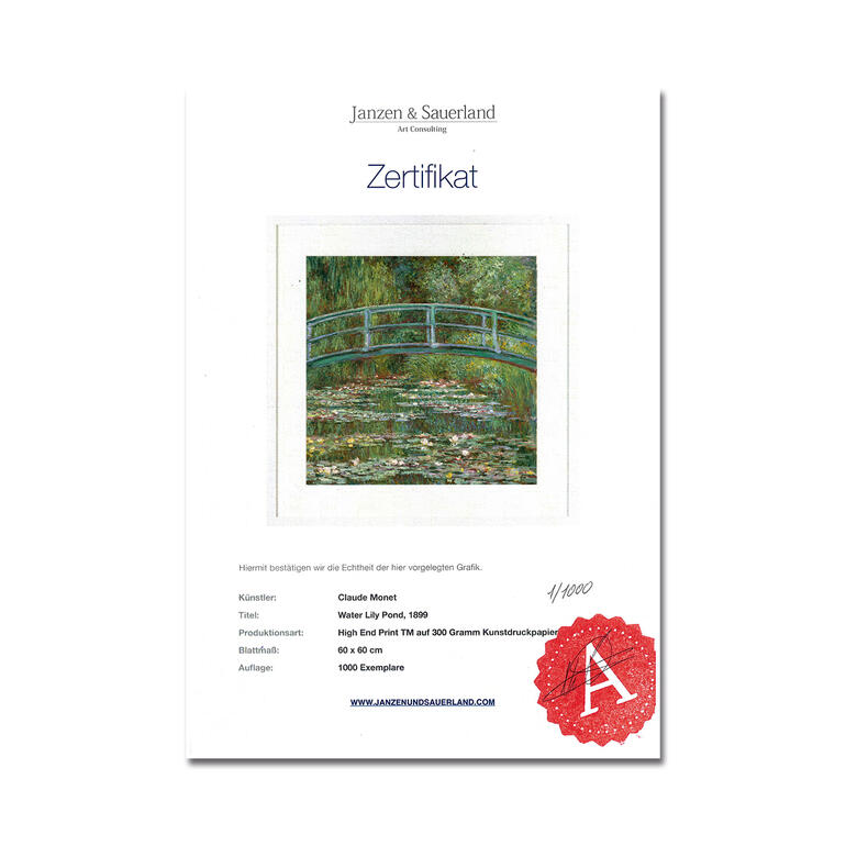 Zertifikat für Claude Monet – Seerosenteich, datiert und signiert.
