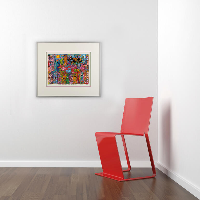 Das farbenfrohe Werk ist eine Bereicherung für jede Wohnungs- und Büroeinrichtung. Leerer Raum mit roten Stühlen und einem bunten Kunstwerk an der Wand.