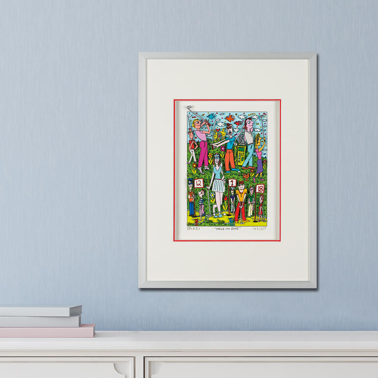 „Hole in One“, gerahmt 31 x 41 cm. Rahmen mit 'Hole in one' Illustration an einer Wand