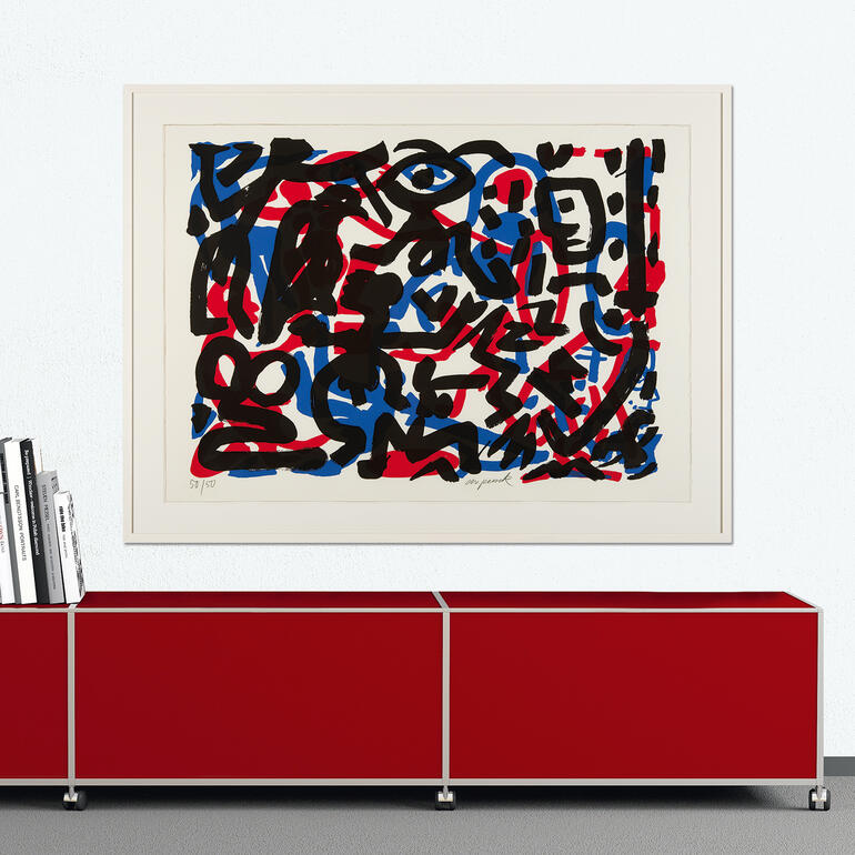 Abstraktes Kunstwerk mit schwarzen, blauen und roten Linien auf weißem Hintergrund