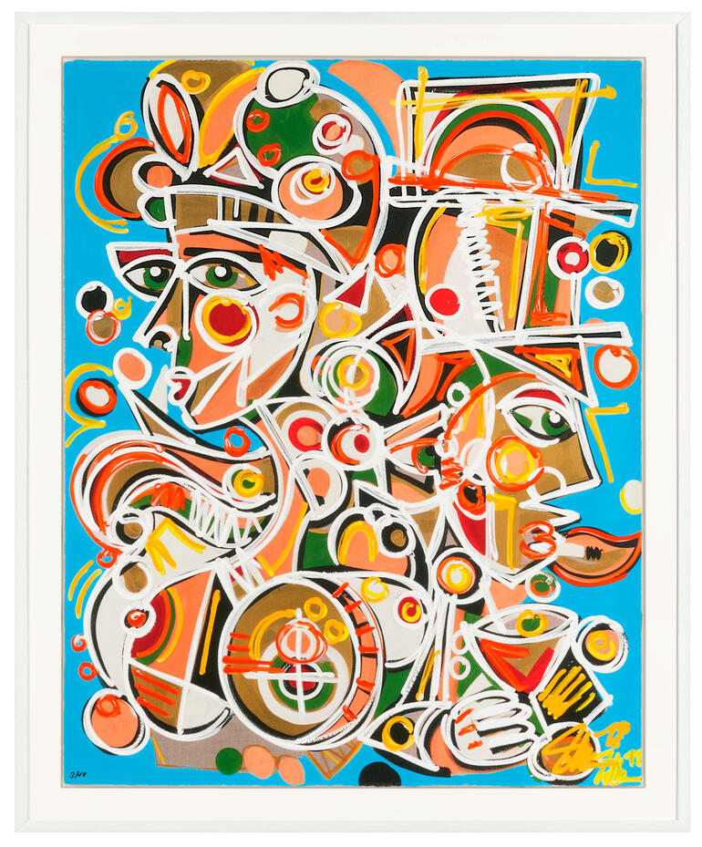 Vibrantes abstraktes Kunstwerk von einer Dinner-Party mit mehreren Figuren.