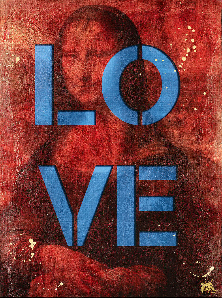 Kunstwerk mit der Mona Lisa, betont durch den Begriff 'LOVE'