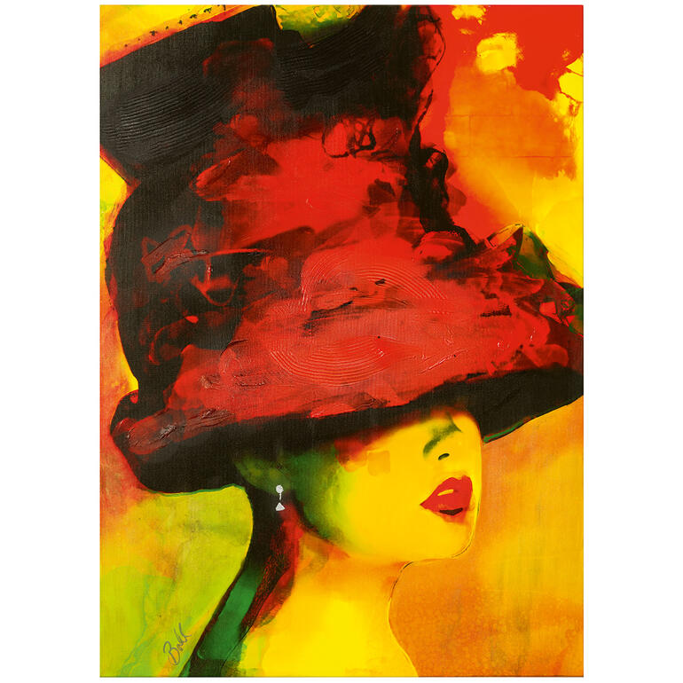 Farbenfrohes Kunstwerk mit einer Frau und rotem Hut.