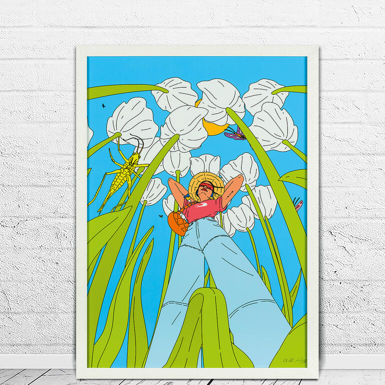 Illustration einer Person, die zwischen hohen Blumen steht, umgeben von Insekten.