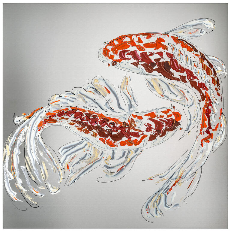 Abstrakte Darstellung von Koi-Fischen in warmen Farben.