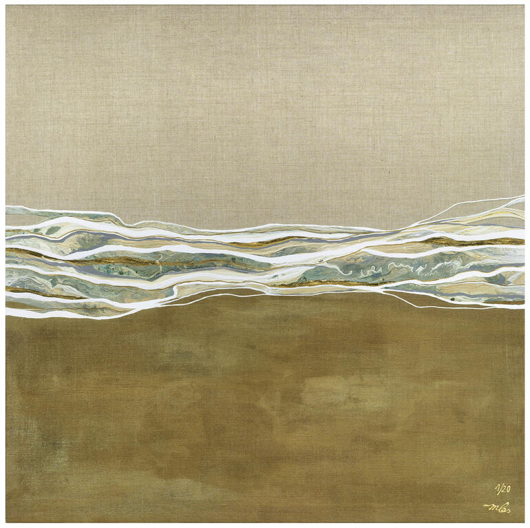 Abstrakte Landschaft mit sanften Linien und Farbtönen in Erdgrau und Blau.