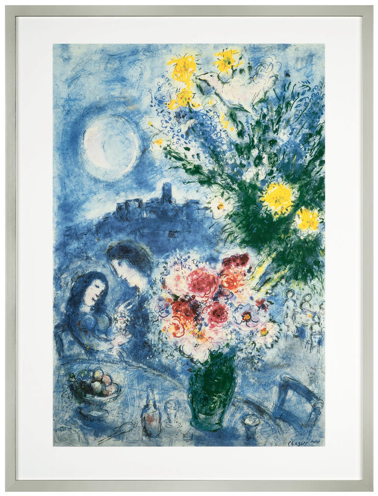 Farbenfrohes Gemälde von Marc Chagall mit Blumen und Figuren.