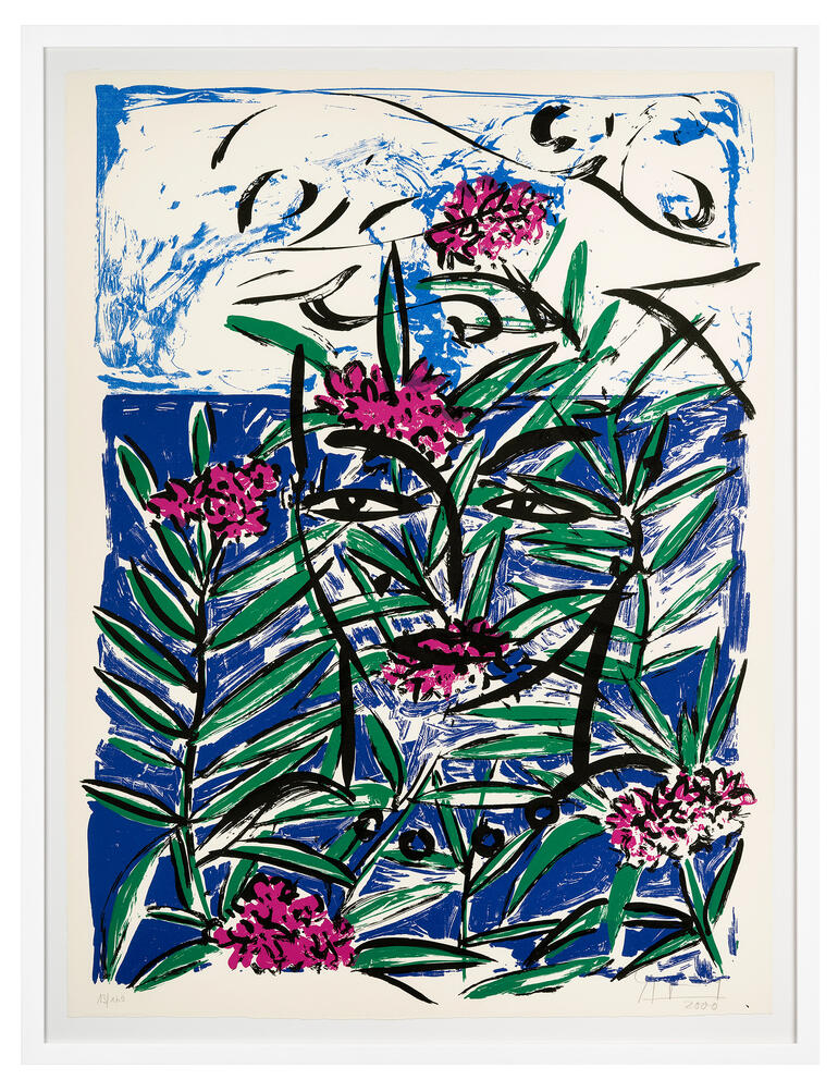 Bunte Darstellung von Oleanderblüten vor einem blauen Hintergrund.