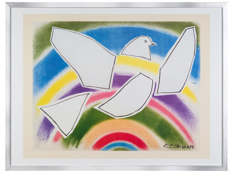 Kunstwerk mit einer fliegenden Taube vor einem Regenbogenhintergrund