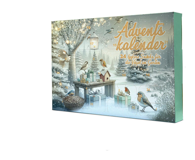 Saat-Adventskalender mit winterlicher Szenerie und Vogelfutter.