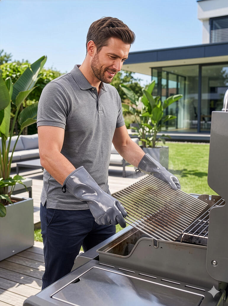 Mann grillt mit Handschuhen am Grill im Garten
