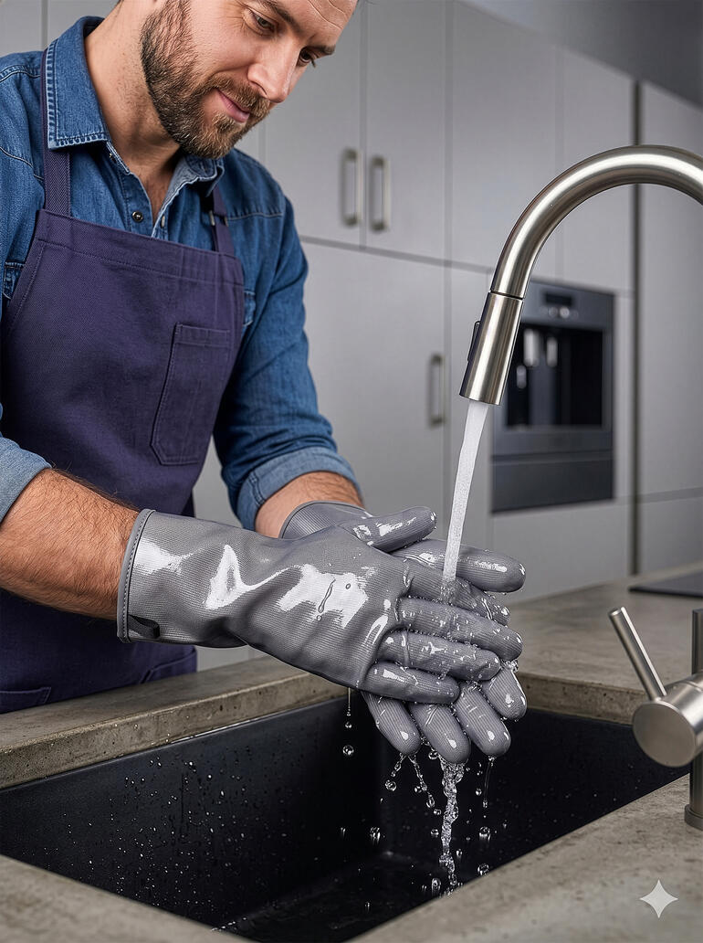 Mann mit grauen Handschuhen wäscht sich die Hände am Waschbecken