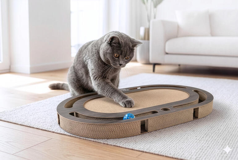Katze spielt mit einem Kratzspielzeug im Wohnzimmer auf einem hellen Teppich.