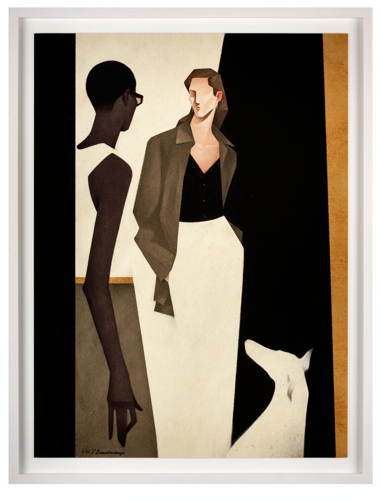 Gemälde von Valeriya Simantovskaya mit zwei Figuren und einem Hund.