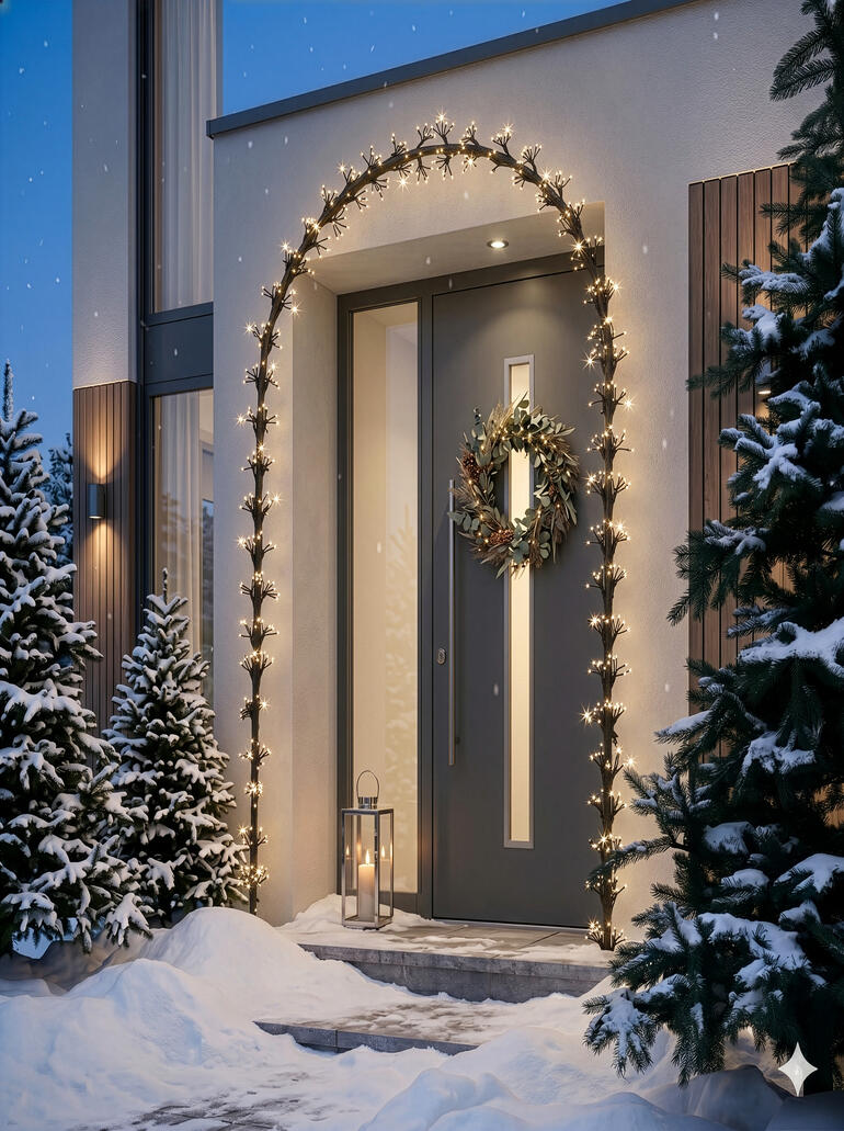 Weihnachtlich geschmückte Haustür mit einem Lichterbogen im Schnee.