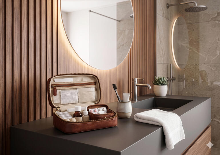 Medikamententasche aus Büffelleder im modernen Badezimmer.