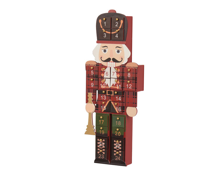 Adventskalender Nussknacker mit sichtbaren Türchen und weihnachtlicher Dekoration.