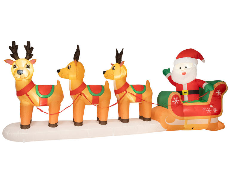 Aufblasbarer Rentierschlitten mit Santa Claus und drei Rentieren.