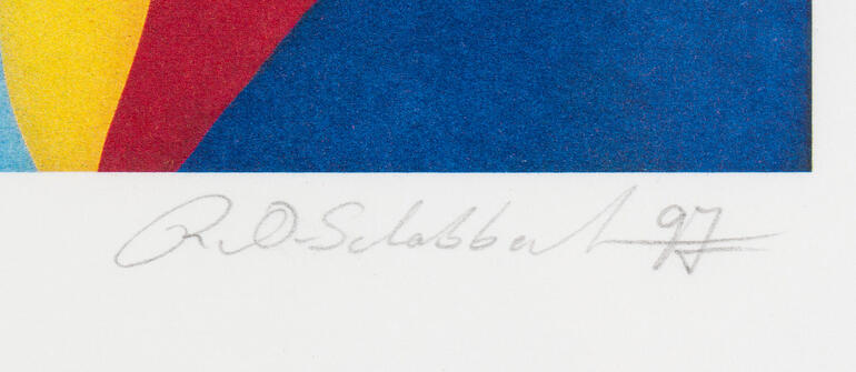 Unterschrift des Künstlers R.O. Schabbach auf einem farbigen Kunstdruck.