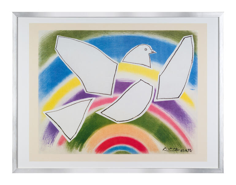 Kunstwerk mit fliegender Taube vor einem bunten Regenbogen
