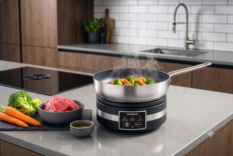 Fonduegerät mit Gemüse und Fleisch auf einem modernen Küchentisch.