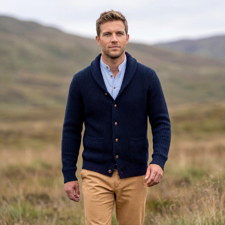 Mann in einem gestrickten Flanellshirt mit Knöpfen, geht durch eine herbstliche Landschaft