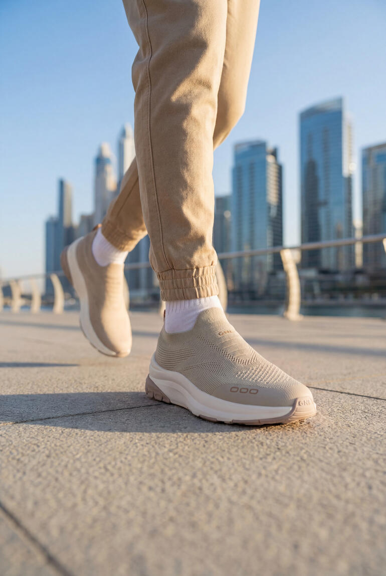Beige GNL Mesh-Sneaker an Fuß eines Mannes, der entlang der Stadt läuft.