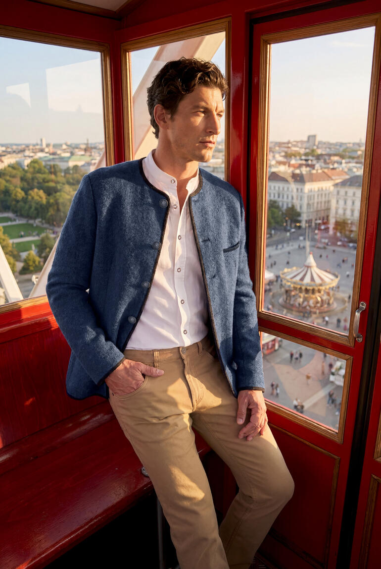 Mann im dunkelblauen Stapf Walk-Janker steht im Observation Wheel mit Blick auf die Stadt.