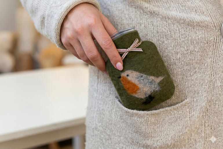 Handwärmer in Form einer kleinen Wärmflasche mit einem Rotkehlchen-Motiv.