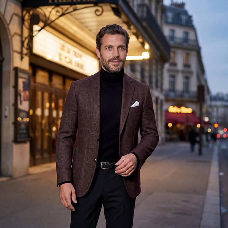 Mann in elegantem Outfit mit Strickpulli und Blazer in einer Stadt