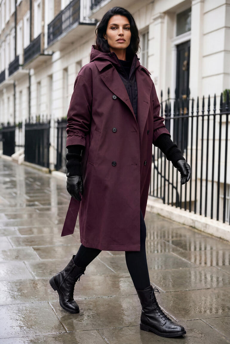 Frau im wandelbaren Trenchcoat mit schwarzen Handschuhen