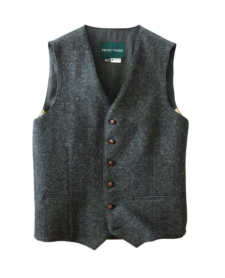 Anthrazitfarbige Tweed-Leinen-Weste mit Knöpfen.