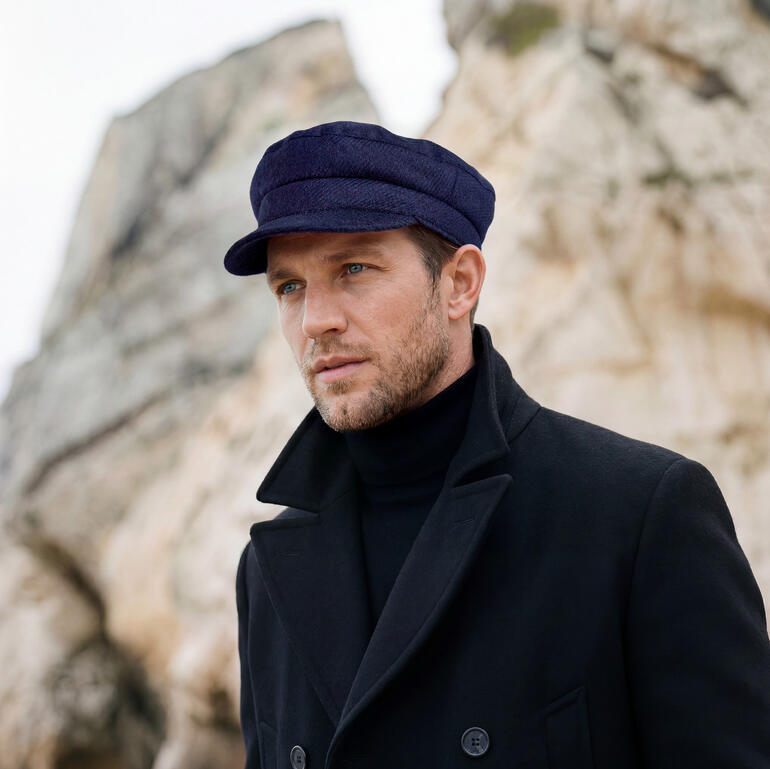 Navy Tweed Skipper Cap wird von einem Mann in freier Natur getragen.