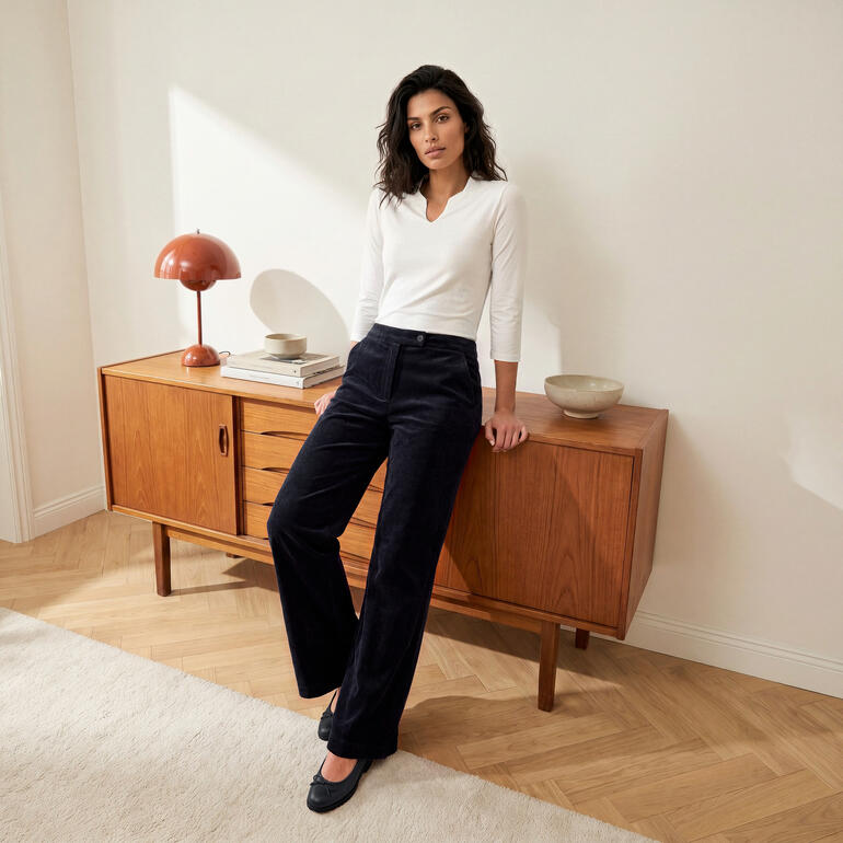 Frau in blauer Cord-Jacquard-Hose von FC, lässige Pose im Innenraum