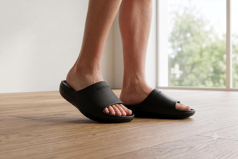 Schwarze Slipper von Blackroll, getragen von einer Person, die auf einem Holzboden steht.