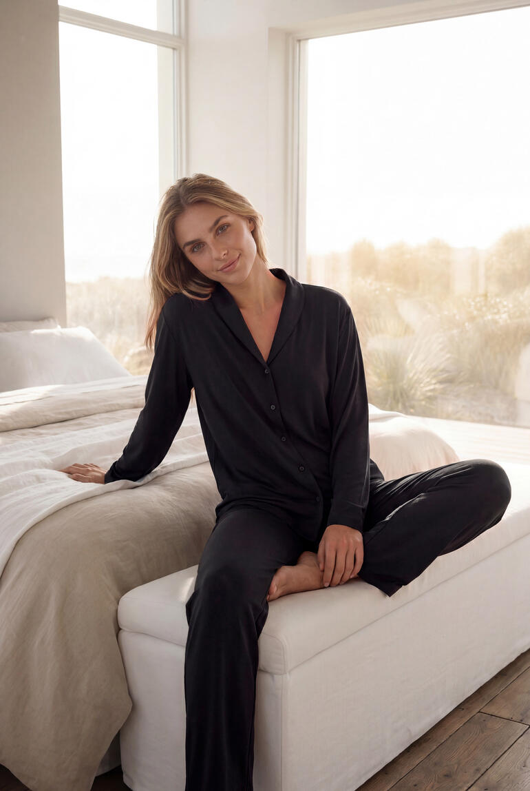 Schwarzer Balancing-Pyjama von Calida, modelierend an einer sitzenden Person auf einem Bett.