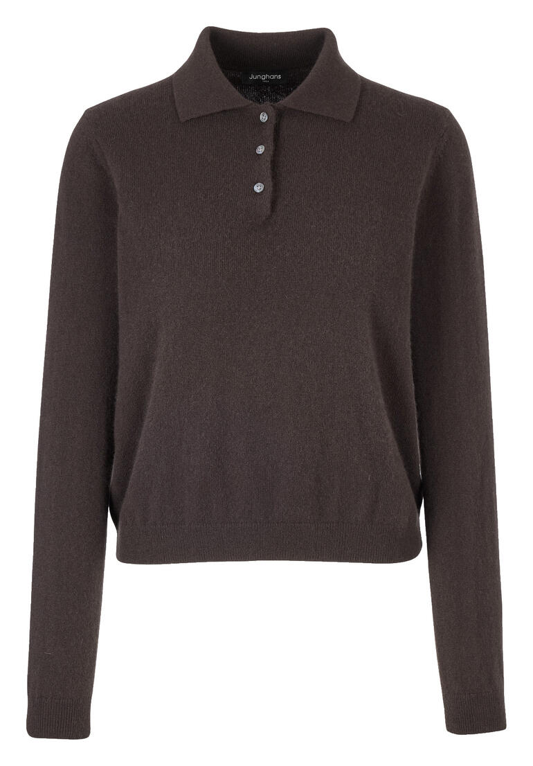 Damen-Kaschmir-Polo in braun mit Knöpfen und langen Ärmeln.