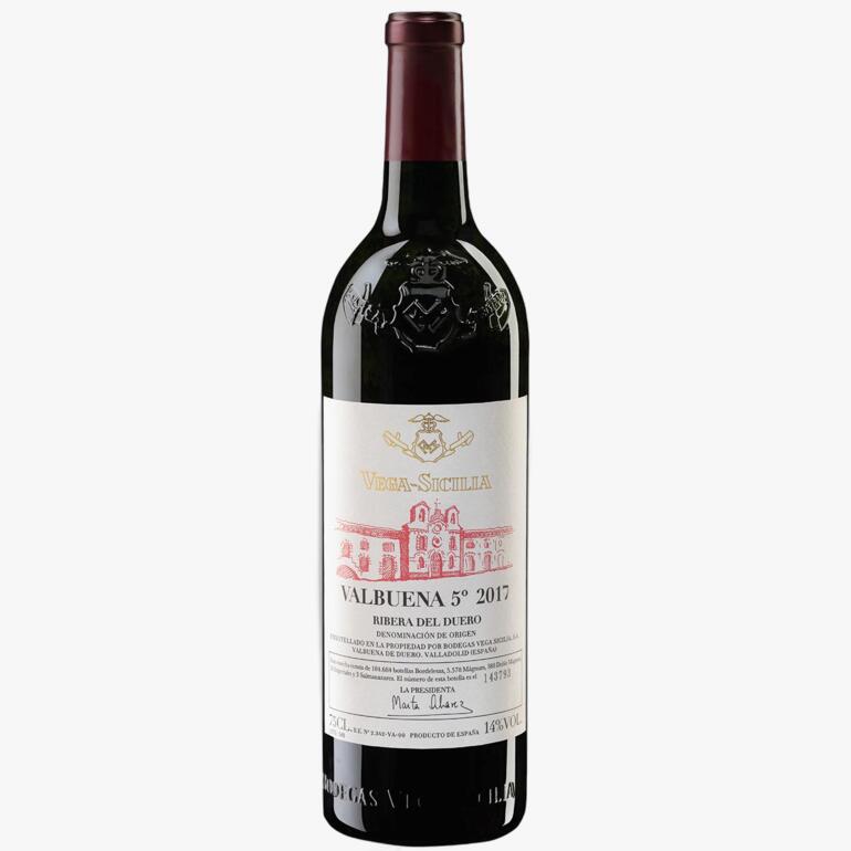 Bordeauxroter Weinflasche Valbuena 2017 mit Etikett