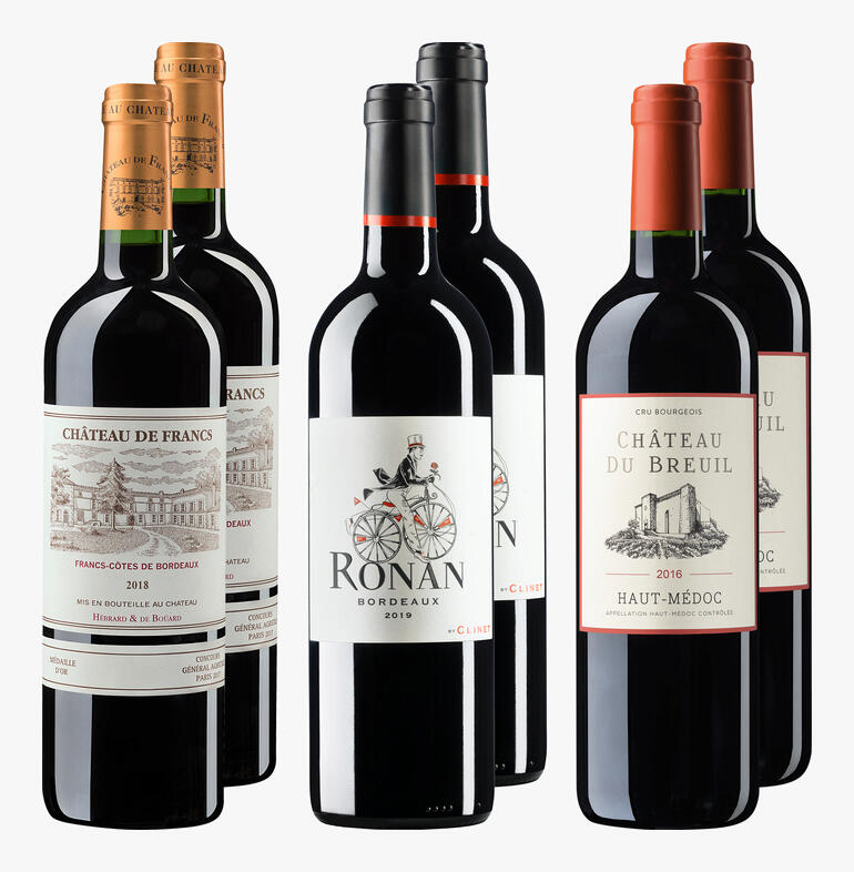 Bordeaux-Set mit sechs verschiedenen Rotweinen in stilvollen Flaschen.