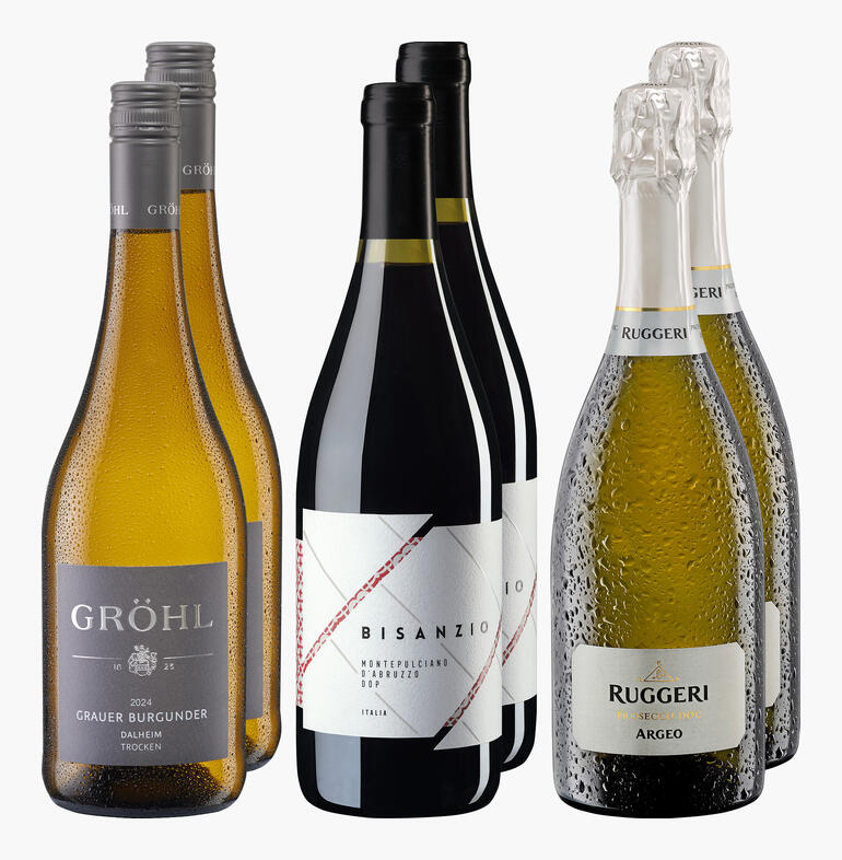 Weinpaket mit drei Flaschen Weißwein und zwei Flaschen Sekt