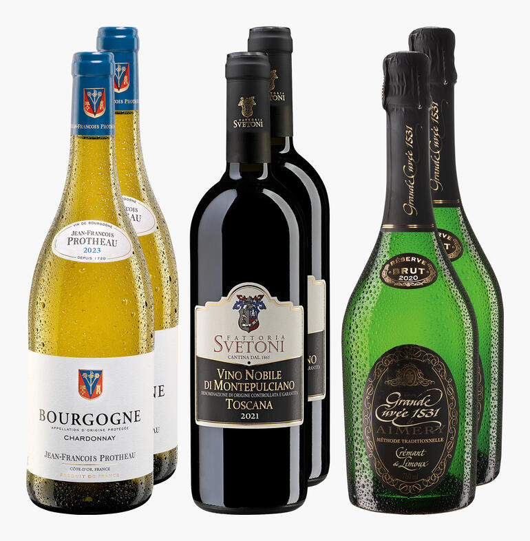 Drei Weinflaschen, zwei Weißweine und ein Rotwein, elegant präsentiert