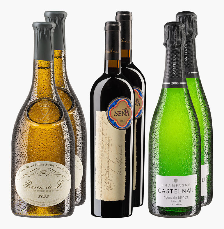 Weinpaket mit drei Flaschen Wein und drei Flaschen Champagner.