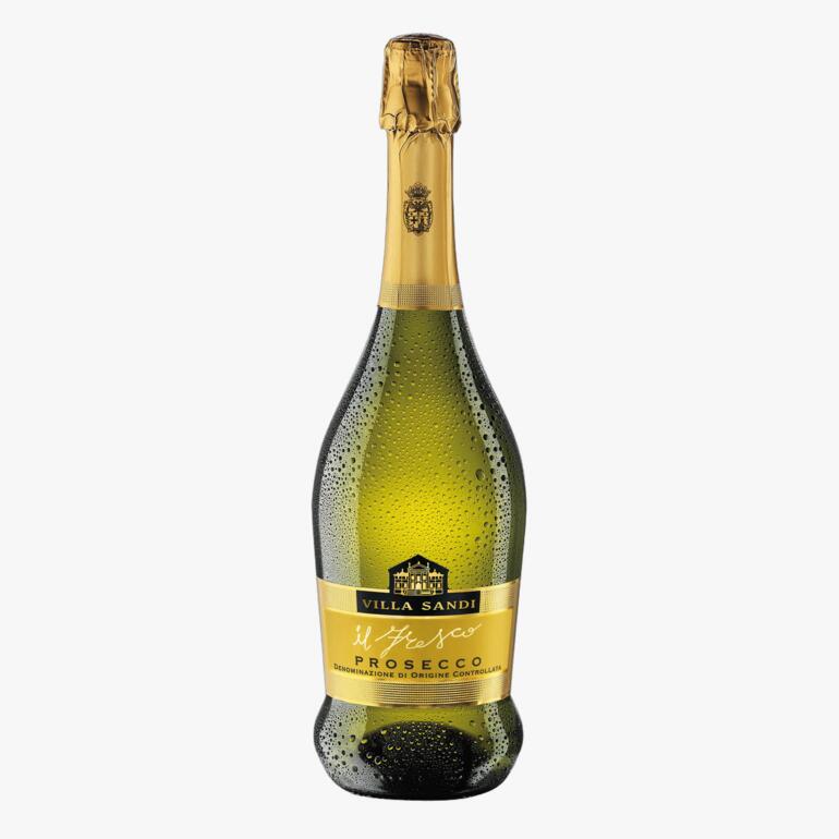 Flasche Prosecco „il Fresco“ mit sprudelndem Inhalt und ansprechendem Design.